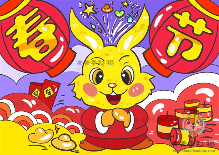 2023兔年春节儿童画怎么画漂亮，兔年春节绘画作品