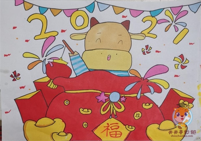 2021迎新年绘画模板教程小学生牛年春节儿童画图片