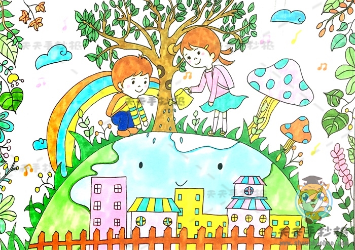 保护地球儿童画的创意画法,保护地球爱护环境主题绘画 